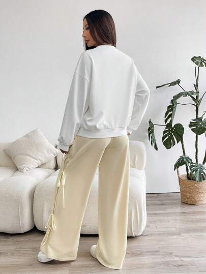 طقم حريمي قطعتين EZwear مجموعة بطقم شريط جولي البيضاوي بياقة دائرية وأكمام طويلة وبنطلون قطعتين للنساء