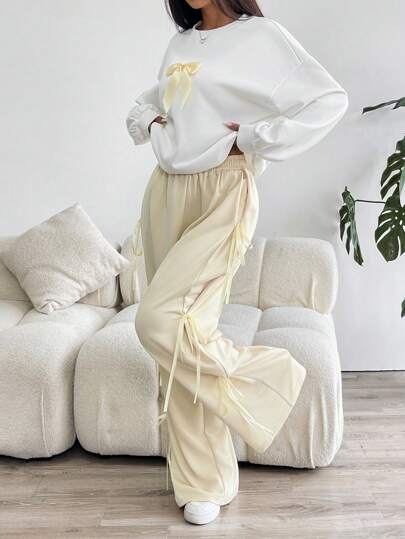 طقم حريمي قطعتين EZwear مجموعة بطقم شريط جولي البيضاوي بياقة دائرية وأكمام طويلة وبنطلون قطعتين للنساء