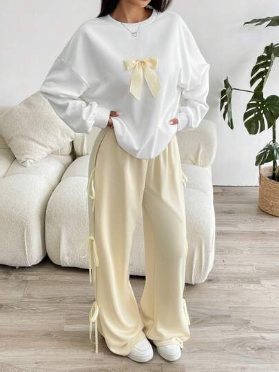 طقم حريمي قطعتين EZwear مجموعة بطقم شريط جولي البيضاوي بياقة دائرية وأكمام طويلة وبنطلون قطعتين للنساء