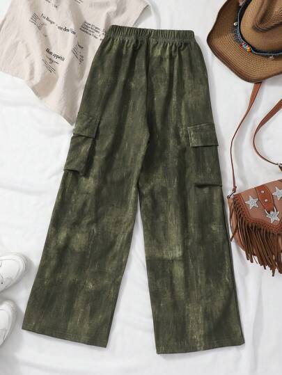 SHEIN بنطلون فتيات المراهقات الأخضر العسكري البالي المريح الجديد لربيع/صيف 2025، مناسب للارتداء اليومي والألعاب الخارجية والعطلات العائلية