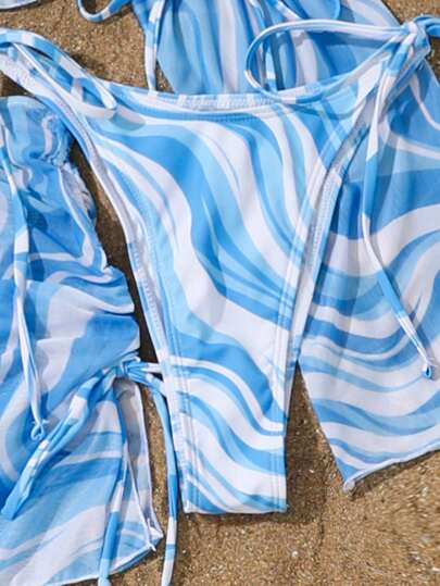 طقم تانكيني حريمي Swim 4 قطع من ملابس السباحة المرأة الطبعة موجة الشاطئ ، تتضمن: ملابس علوية الطانكيني، والقاع، وحارس الطفح العلوي، وتنورة السباحة