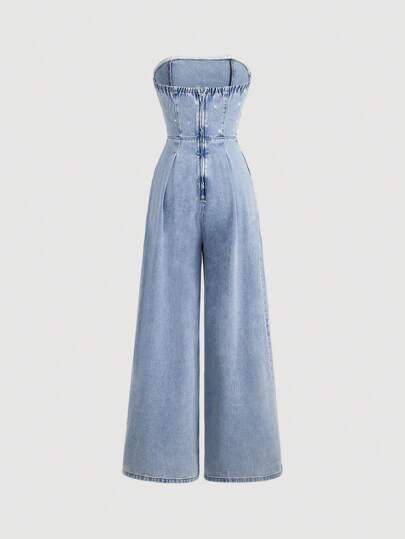 SHEIN MOD جمبسوت قصيرة بانديو جينز بسيطة للنساء، للاستخدام اليومي الكاجوال