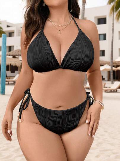SHEIN Swim Curve مجموعة سباحة نسائية مقاس كبير مكونة من قطعتين ذات لون أحادي ولحمالات رفيعة وشق، ملابس شاطئ وعطلات صيفية رياضية وأنيقة