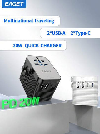 محول سفر عالمي، شحن سريع 20 وات، محول طاقة دولي 3 أمبير، 2 منفذ USB-A و2 منفذ USB-C، شاحن جداري متعدد المنافذ لأمريكا الشمالية وأوروبا والمملكة المتحدة وأستراليا وآسيا وأكثر من 200 دولة