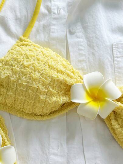 SHEIN Sweetro طقم بقطعتين، ملابس علوية عريضة وقطعة سفلية عالية القص ذات نقشة أزهار على قماش مخملي، بكيني سباحة جذاب للشاطئ والصيف