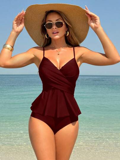 طقم تانكيني حريمي Swim Lushoire 2 قطعة/مجموعة ملابس سباحة تانكيني بالطبقات المفرومة المنسدلة على شكل ثلاثي على الأعلى والأسفل