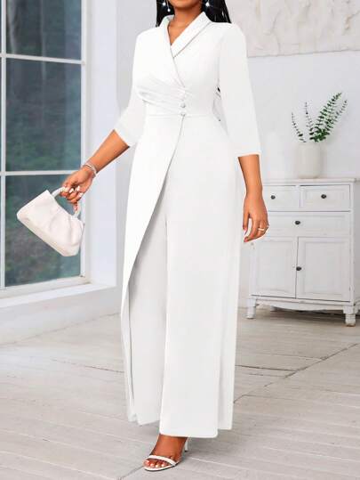 SHEIN Lady جمبسوت نسائية بحجم كبير أزرق بدون أكمام وذات ساق واسعة، رقبة على شكل حرف V وأكمام طويلة مع رقبة متقاطعة ومزينة باللؤلؤ، ملابس السيدات للحفلات والمناسبات ،جمبسوت نسائية متعددة المواسم بأكمام طويلة باللون الأزرق
