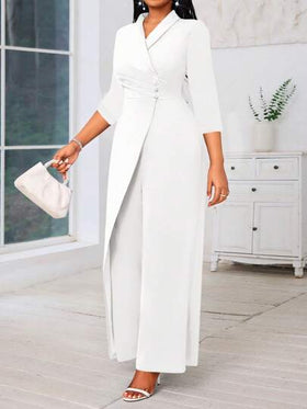 SHEIN Lady جمبسوت نسائية بحجم كبير أزرق بدون أكمام وذات ساق واسعة، رقبة على شكل حرف V وأكمام طويلة مع رقبة متقاطعة ومزينة باللؤلؤ، ملابس السيدات للحفلات والمناسبات ،جمبسوت نسائية متعددة المواسم بأكمام طويلة باللون الأزرق