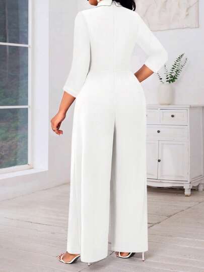 SHEIN Lady جمبسوت نسائية بحجم كبير أزرق بدون أكمام وذات ساق واسعة، رقبة على شكل حرف V وأكمام طويلة مع رقبة متقاطعة ومزينة باللؤلؤ، ملابس السيدات للحفلات والمناسبات ،جمبسوت نسائية متعددة المواسم بأكمام طويلة باللون الأزرق
