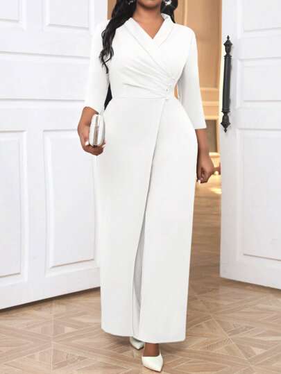 SHEIN Lady جمبسوت نسائية بحجم كبير أزرق بدون أكمام وذات ساق واسعة، رقبة على شكل حرف V وأكمام طويلة مع رقبة متقاطعة ومزينة باللؤلؤ، ملابس السيدات للحفلات والمناسبات ،جمبسوت نسائية متعددة المواسم بأكمام طويلة باللون الأزرق