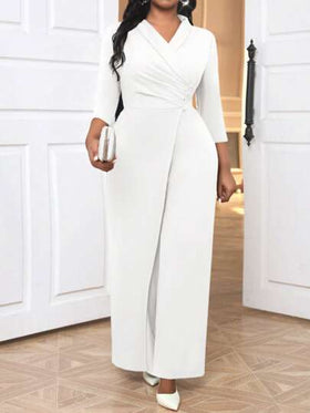 SHEIN Lady جمبسوت نسائية بحجم كبير أزرق بدون أكمام وذات ساق واسعة، رقبة على شكل حرف V وأكمام طويلة مع رقبة متقاطعة ومزينة باللؤلؤ، ملابس السيدات للحفلات والمناسبات ،جمبسوت نسائية متعددة المواسم بأكمام طويلة باللون الأزرق