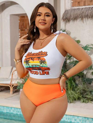 طقم تانكيني حريمي Swim Lushoire حمالة صدر نسائية كبيرة الحجم بطبعة إجازة ملتوية من الأمام بدون ظهر