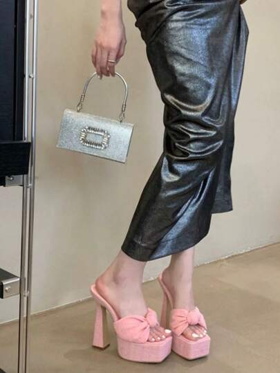 نعال صنادل ذات اصبع مربع مع كعب سميك للنساء, صنادل كعب منصة صيفية بفيونكة, كعب منخفض مناسب للنادي والليل, كعوب منصة عالية جدا وجذابة