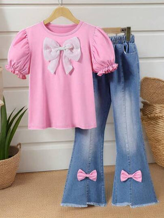 girls-sets Genkimix Kids طقم قميص رقبة مستديرة قصير الأكمام مع زخرفة الفيونكة وبنطال طويل للفتيات المراهقات، إطلالة كاجوال