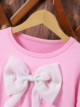 girls-sets Genkimix Kids طقم قميص رقبة مستديرة قصير الأكمام مع زخرفة الفيونكة وبنطال طويل للفتيات المراهقات، إطلالة كاجوال