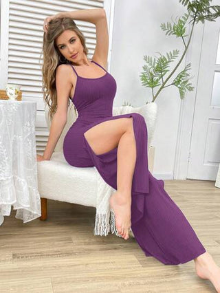 طقم تانكيني حريمي نساء قطعتان ملابس منزلية بدون أكمام، جمبسوت مخططة مع شق جانبي، بوذلة رياضية