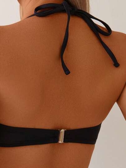 Swim Chiccia طقم بكيني أسود محتشم للنساء، ملابس علوية محصورة دون أشرطة ومزينة بحلقة وسروال بكيني بخصر عالي، ملابس سباحة قطعتين للعطلات الشاطئية