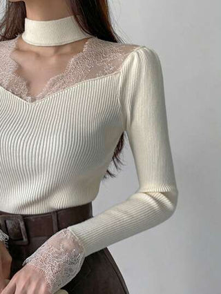 DAZY كنزة صوفية نسائية بأكمام طويلة مطرزة بالدانتيل وتصميم مفرغ، قصة ضيقة، باللون الأبيض، مناسبة للربيع والخريف