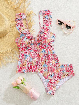 طقم تانكيني حريمي Swim Mod 2 قطعة من أزياء العطلة الصيفية للنساء: ملابس علوية بكشكشات من الأزهار متناثرة بفتحة رقبة على شكل حرف V وأسفل تانكيني بخصر عالي