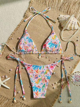 Swim Mod بدلة بحرية نسائية لعطلة الصيف (طقمان)- سترة علوية حلقية مزينة بنقشات عشوائية ذات بنية منسوجة (ريب) وشورت سباحة مربوط الجانب، طقم بيكيني بوهيمي