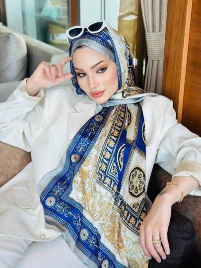وشاح فاخر مطبوع بطراز قصر الموضة، شال ساتان رجعي، وشاح حرير اصطناعي، ملابس سفر كاجوال للحماية من الرياح والشمس قطعة واحدة