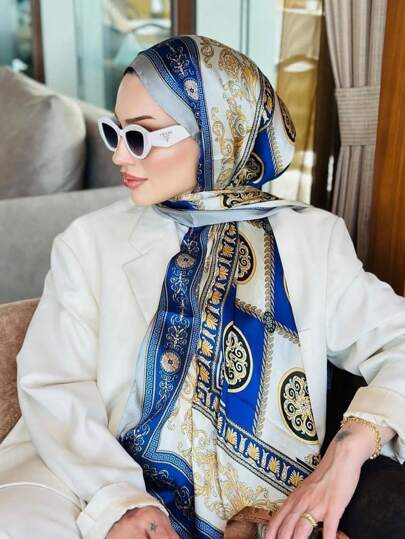 وشاح فاخر مطبوع بطراز قصر الموضة، شال ساتان رجعي، وشاح حرير اصطناعي، ملابس سفر كاجوال للحماية من الرياح والشمس قطعة واحدة