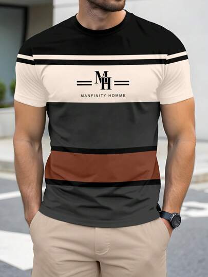 Manfinity Homme تي شيرت قصير الأكمام للرجال بقصة عادية ذو طباعة مخططة بسيطة