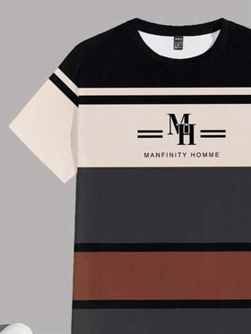 Manfinity Homme تي شيرت قصير الأكمام للرجال بقصة عادية ذو طباعة مخططة بسيطة