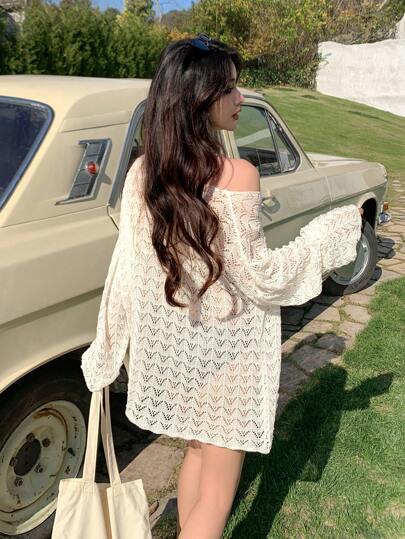DAZY غطاء نسائي كروشيه تصميم الجزء العلوي مفتوح في الكتف، شفاف شيفون صيفي