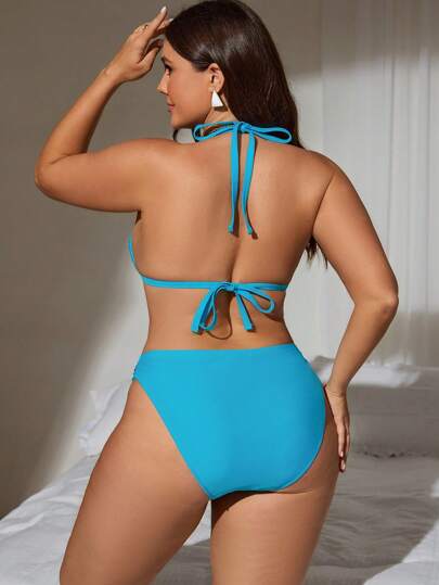 Swim SXY قطعتان ملابس سباحة مثلثة نسائية كاشفة الظهر ذات لون أحادي لصاحبات المقاسات الكبيرة، للاستخدام في الشاطئ والعطلات