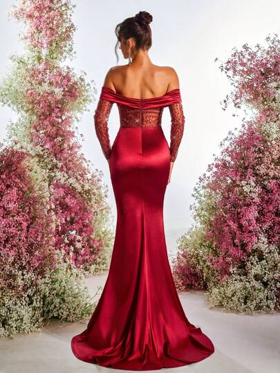 Glamrae فستان أنيق فاخر من القطن المشغول بالترتر على الكتف البارز والتريكو المرن بنمط الحورية، مناسب للزفاف والحفلات والنادي والإجازات والبنوك واستقبال الضيوف والسهرة والسواريه