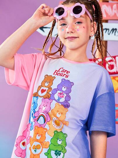 تيشيرتات بناتي X Care Bears تي شيرت صيفية فضفاضة مع طباعة الدب الملونة بياقة دائرية وأكمام منسدلة للفتيات المراهقات