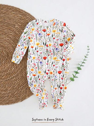 Cozy Pixies بدلة رضيع بنات صغار من أصناف طباعة النباتات والزهور الناعمة ذات ياقة دائرية وأكمام طويلة والقدم