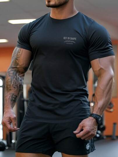 Manfinity Sport Corelite تي شيرت رياضي قصير الأكمام كاجوال مطبوع عليه أحرف للرجال