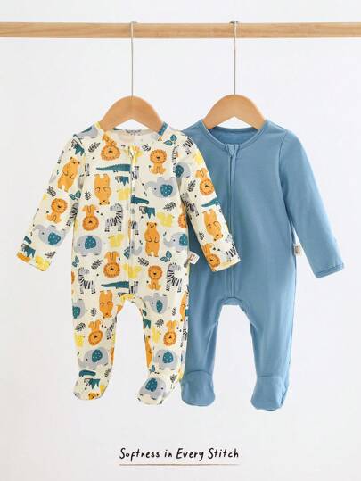 Cozy Pixies مجموعة مكونة من قطعتين للأطفال حديثي الولادة البنات والأولاد، رومبير طويل الأكمام برقبة مستديرة ناعم ذو طبعة قطط كرتونية مع وحدات قدم