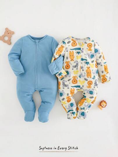 Cozy Pixies مجموعة مكونة من قطعتين للأطفال حديثي الولادة البنات والأولاد، رومبير طويل الأكمام برقبة مستديرة ناعم ذو طبعة قطط كرتونية مع وحدات قدم