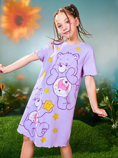 بيجاما X Care Bears فستان قصير لليافعات مطبوع بشكل كرتوني قلوب ونجوم دببة، بنفسجي، مريح، عصري، قصير الأكمام، للراحة المنزلية