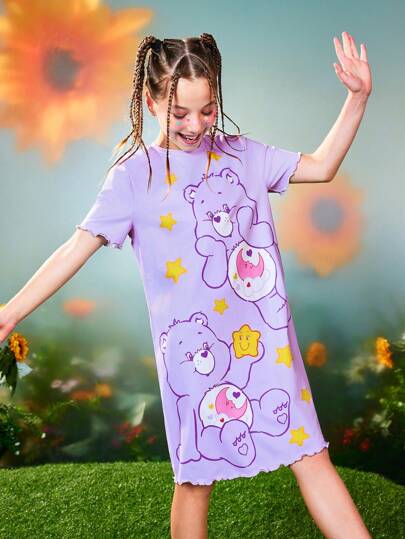بيجاما X Care Bears فستان قصير لليافعات مطبوع بشكل كرتوني قلوب ونجوم دببة، بنفسجي، مريح، عصري، قصير الأكمام، للراحة المنزلية