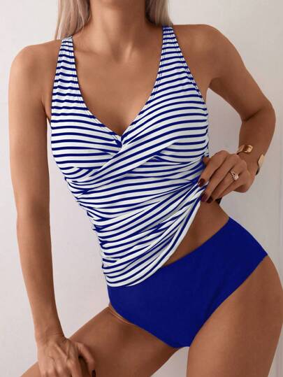 طقم تانكيني حريمي Swim Lushoire مجموعة ملابس السباحة الكاجوال بتصميم مخطط مع قطعة علوية بأربطة متعرجة للسيدات، مناسبة للعطلات على الشاطئ