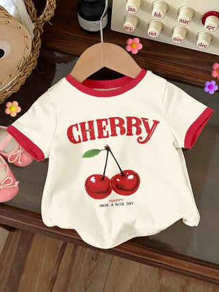 SHEIN تي شيرت قصير الأكمام ذو رقبة دائرية، للبنات الرضع، بطباعة الكرز الأمريكي القديم، ذو ألوان متباينة، مناسب للصيف
