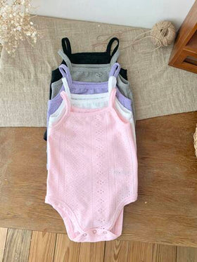 SHEIN LMoss Kids 5 قطع/مجموعة بدلة داخلية مضفرة بدون أكمام للأطفال الرضع البنات، ألوان سادة، صيفي