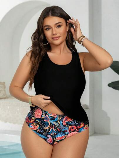 Swim Lushoire مجموعة بيكيني للمرأة البدينة 3 قطع/طقم، طراز متواضع، بطبعة بوهيمية فينتاج مكشوفة الظهر