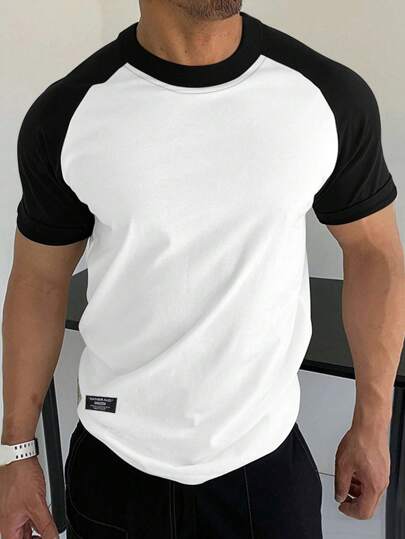 Manfinity Homme تي شيرت تي شيرت رجالي بأكمام قصيرة عنق دائري بألوان متباينة، قمصان كاجوال للرجال