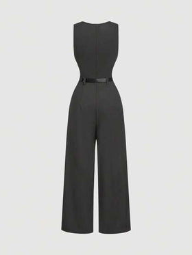 SHEIN MOD بدلة رمادية داكنة فضفاضة بخصر واسع وكشكشات للنساء، بسيطة وعصرية، قطعة واحدة