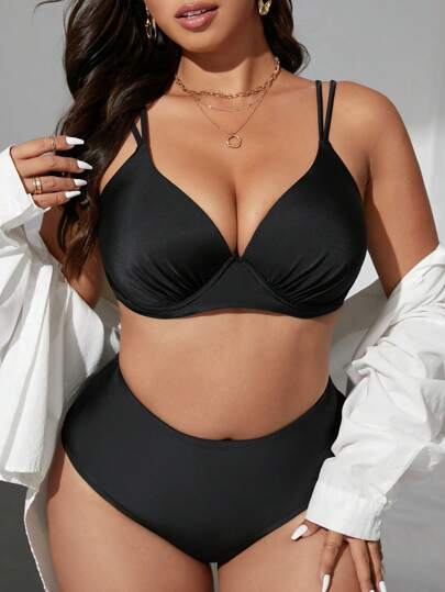 Swim Lushoire مجموعة بكيني للنساء المقاسات الكبيرة بلون صلب، بحوامل سلكية، خصر عالٍ، أربطة قابلة للتعديل، أنيقة وأنثوية وجذابة، ملابس سباحة كاجوال للشاطئ