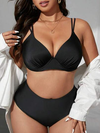 Swim Lushoire مجموعة بكيني للنساء المقاسات الكبيرة بلون صلب، بحوامل سلكية، خصر عالٍ، أربطة قابلة للتعديل، أنيقة وأنثوية وجذابة، ملابس سباحة كاجوال للشاطئ