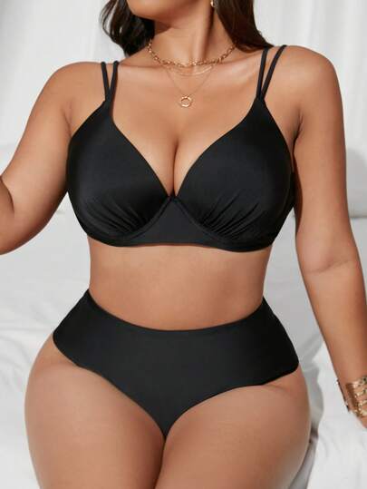 Swim Lushoire مجموعة بكيني للنساء المقاسات الكبيرة بلون صلب، بحوامل سلكية، خصر عالٍ، أربطة قابلة للتعديل، أنيقة وأنثوية وجذابة، ملابس سباحة كاجوال للشاطئ