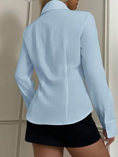 EZwear قميص نسائي طويل الأكمام ضيق ذو تطريز مزين بالأزرق الفاتح