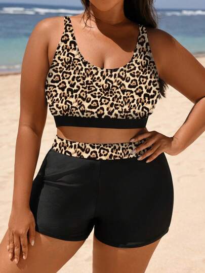 SHEIN Swim SPRTY مجموعة بكيني من قماش نمر المطبوع للمقاسات الكبيرة ، مجموعة بكيني للشاطئ والعطلات