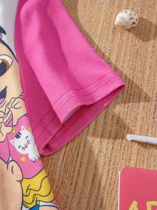 فساتين بيبي CoComelon X  فستان قصير كاجوال أبيض وزهري للأطفال البنات بطبعة حمراء بيضاء على شكل البطيخ، أكمام قصيرة